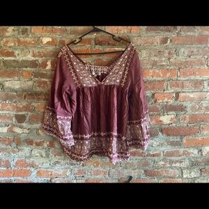World Market Tribal Pattern Maroon Peasant Blouse